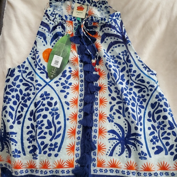 Farm Rio Tank Top Afternoon Breeze Beaded Tassel Tie Cotton Blouse Sz L NWT - Picture 3 of 9